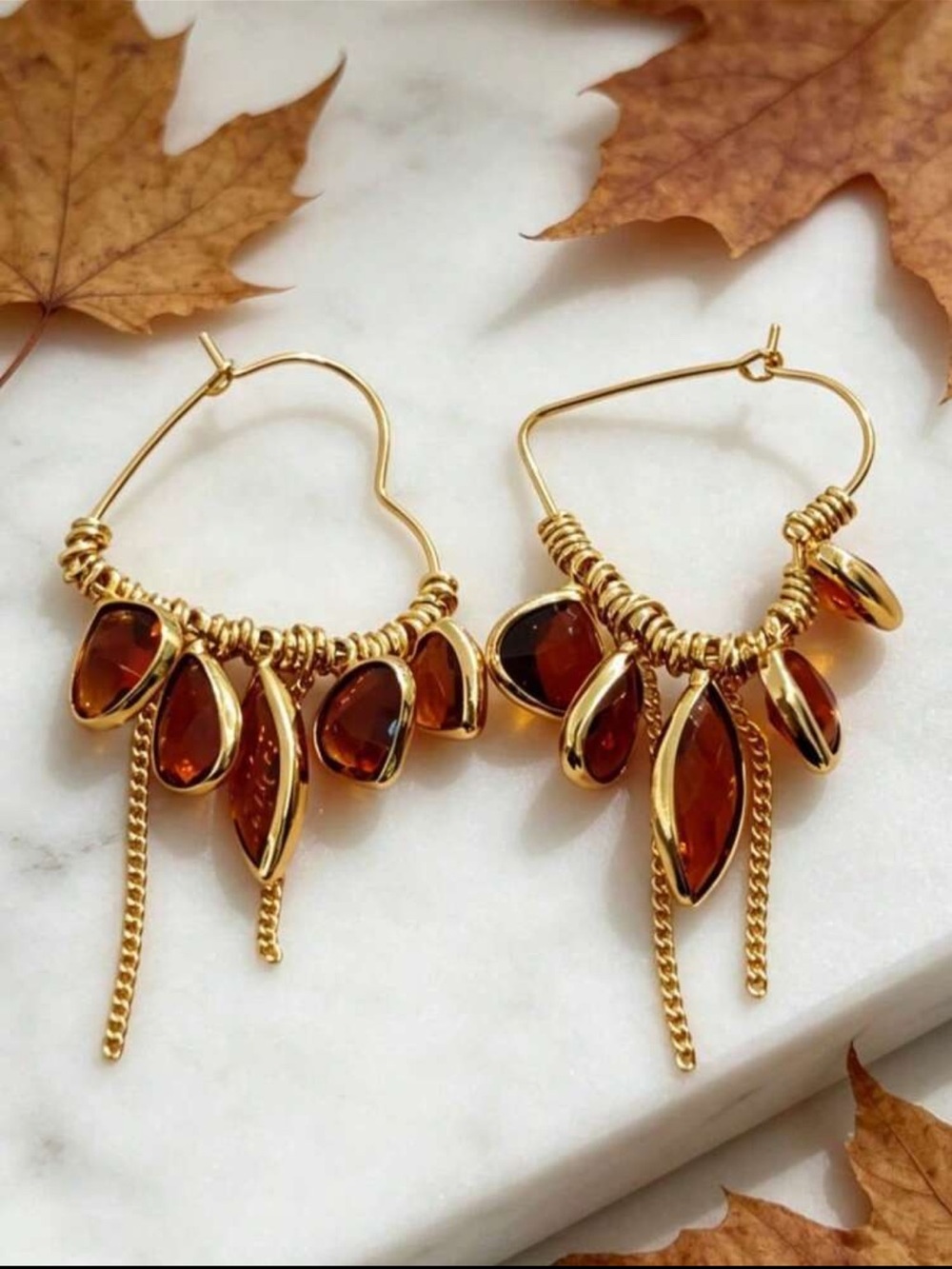 Gold Heart Hoop Earrings with Garnet Red Gem Drops